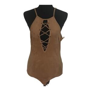 Charlotte Russe Tan Faux Suede Bodysuit V-Neck Size Medium